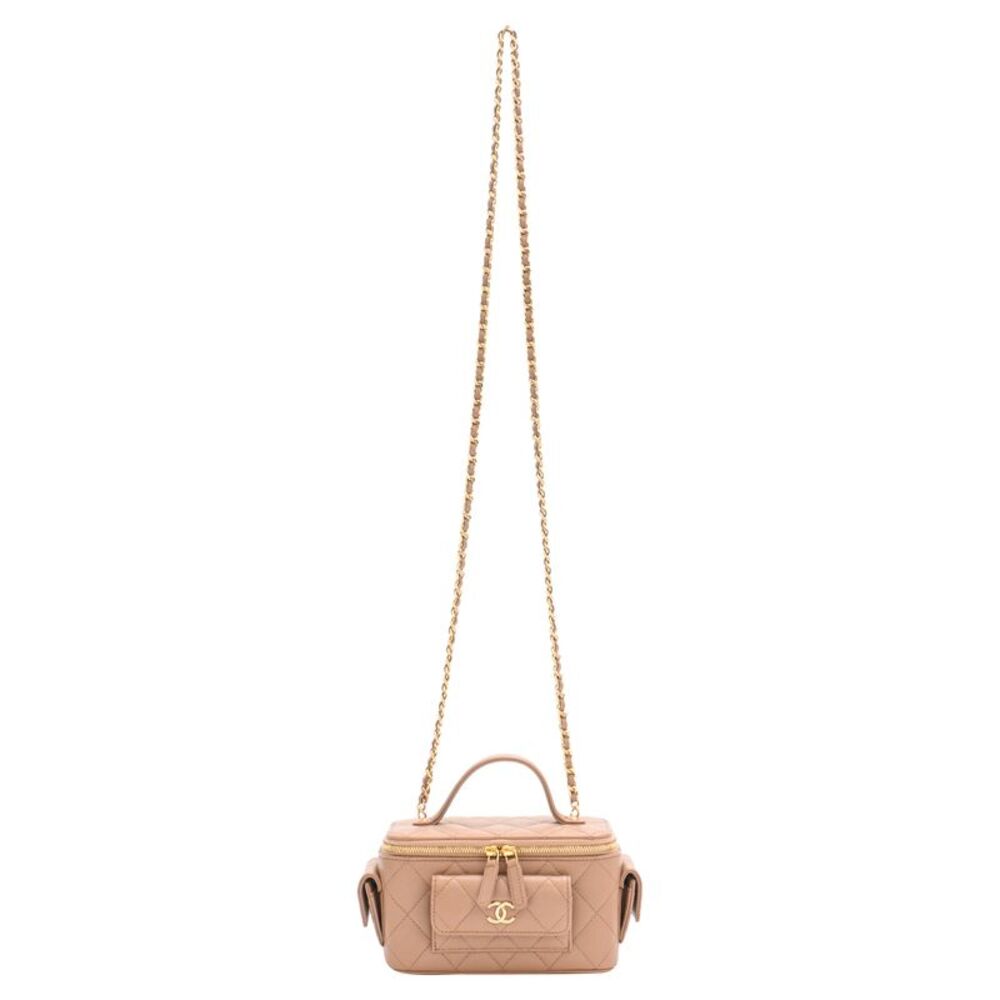 Chanel Quilted Polly Pocket Top East West Vanity Bag in Beige Caviar Leather
